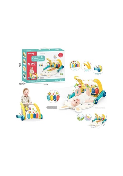 BIB6015 - Vardem Piyanolu 2 in 1 Bebek Yürüteci ve Tavşan Desenli Mavi Oyun Halısı