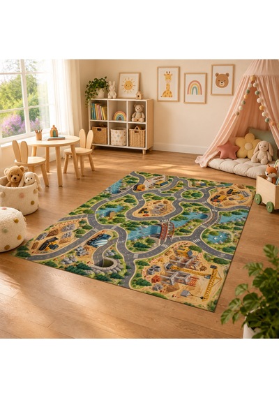 Kartela Halı İnşaat Şehri Çocuk Oyun Halısı Kaymaz Dot Taban Yıkanabilir 180 X 270 Cm