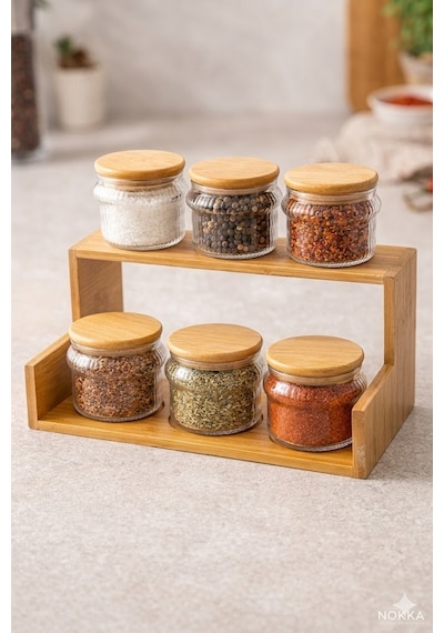 6 Lı Baharatlık 8x8 Cm Seti Ahşap Standlı Kapaklı Cam Kavanoz Seti Mutfak Düzenleyici & Kahve Baharat Organizer Şeffaf