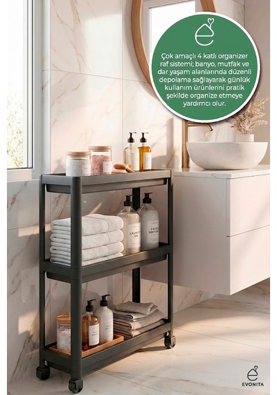 3 Katlı Tekerlekli Banyo Rafı Organizer Mutfak Düzenleyici Çok Amaçlı Servis Arabası Renkli