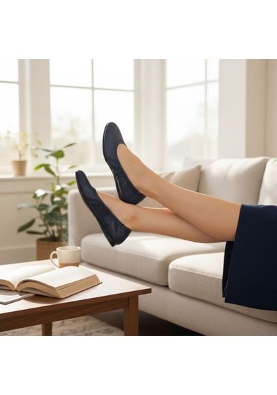 Ne&ve Shoes Lacivert Hakiki Deri Ağzı Büzgü Lastikli Kadın Rahat Babet