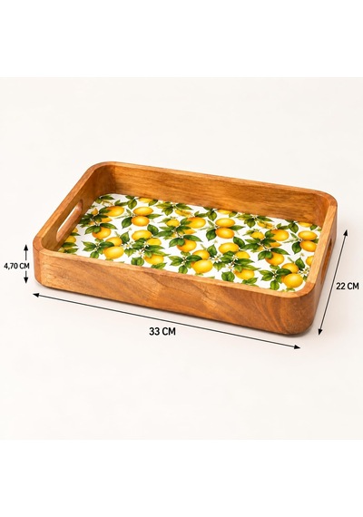 Mango Ağacı Dikdörtgen Servis Tepsisi, 33 X 22 X 4,70 Cm Limon Desenli Ahşap Sunum Tepsisi, Yüksek Kenarlı Kahvalt