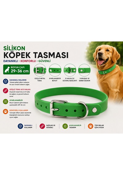 Silikon Köpek Boyun Tasması 29-36 Cm Su Geçirmez Ayarlanabilir Metal Tokalı - Yeşil Çok Renkli