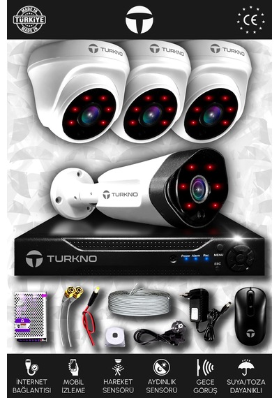 Turkno 4 Kameralı Galia 3 İç Kamera Set HDD'siz Full HD Gece Görüşlü Güvenlik Kamerası Sistemi