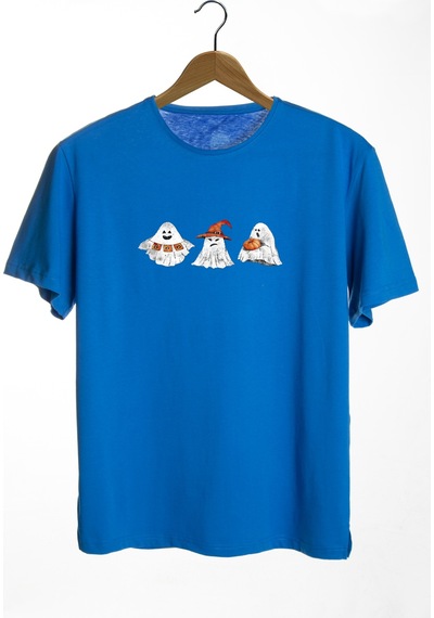 Unisex Mavi Bisiklet Yaka Önü Cadılar Bayramı Baskılı Oversize T-shirt Mavi