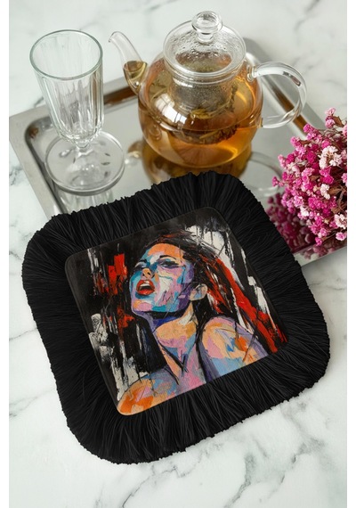 Modern Sanat Portre Saçaklı Sunum Peçetesi-ekspresyonist Renkli Bohem Siyah Bardak Altlığı Mendil Buzlu Grili Nar Modern Sanat Portre Saçaklı Sunum Peçetesi-ekspresyonist Renkli Bohem Siyah Bardak Altlığı Mendil Buzlu Grili Nar