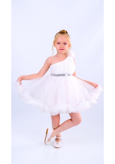 Mnk Baby & Kids Tek Omuz Kız Çocuk Abiye Mnk0599 Beyaz