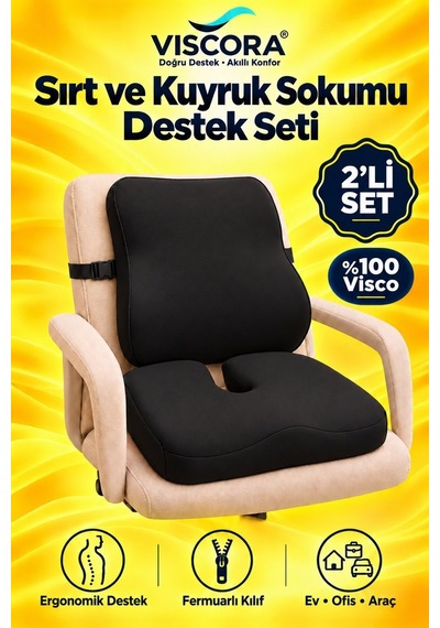 Araba Ve Ofis Koltuğu Sırt Ve Kuyruk Sokumu Minderi 2 Li Set Ergonomik Visco, Kaymaz Taban Siyah