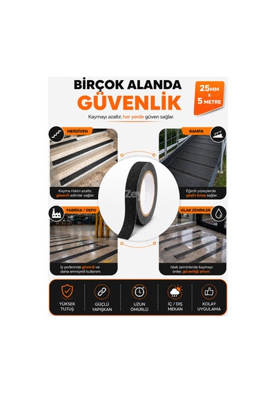 25mm X 5 Metre Siyah Kaydırmaz Bant Güçlü Yapışkanlı Merdiven, Rampa Ve Islak Zemin Güvenlik Bandı