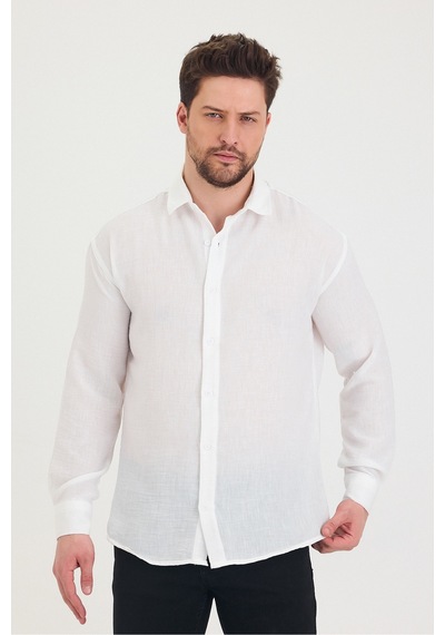 Cool Tarz Erkek Slim Fit Dar Kalıp Uzun Kol Pamuklu Keten Efekt Gömlek Beyaz Beyaz