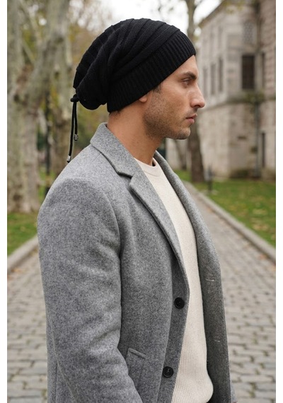 Ritagarcia Unisex Arkası İpli Büzgülü Triko Bere Kışlık Dökümlü Slouchy Beanie Bere Siyah