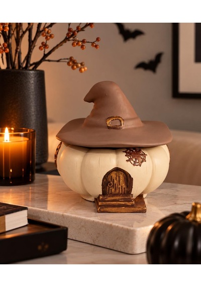 Krem Kahve Halloween Temalı Kapaklı Balkabağı Büyücü Şapkalı Dekoratif Obje Hediyelik Saklama Kutusu Biblo