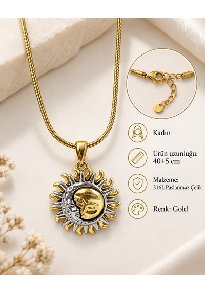Mystic Sun Moon Kadın Kolye Gold 316l Paslanmaz Çelik, Taş Detaylı Güneş Ay Tasarım, 40+5 Cm Renkli