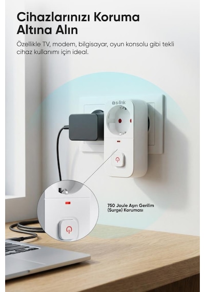 S-link Sl-010 Bykalite 5li Set 16a/250v 750 Joule Anahtarlı Isıya Duyarlı Devre Ve Akım Korumalı Tekli Priz 0.2 M