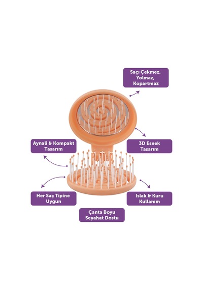 Beauty Makaron Saç Fırçası - 3d Esnek, Aynalı, Çanta Boy - Compact Detangler Yavruağzı