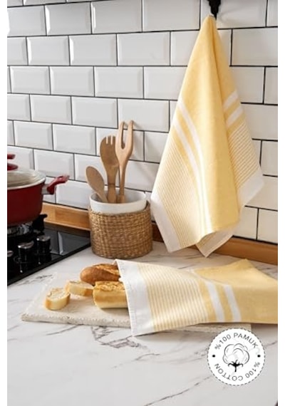 Vionel Home 2'li Mutfak Kurulama Bezi,%100 Pamuk Yüksek Su Emici, Beslenme Örtüsü, Çok Amaçlı Servis Peçetesi 45x60cm Sarı Açık Gri