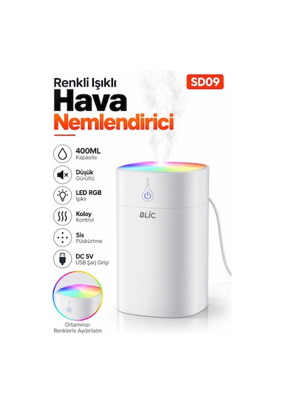 Blic Sd09 400 Ml Ultrasonik Hava Nemlendirici Beyaz Rgb Led Işıklı, Usb 5v, 2w Mini Buhar Makinesi