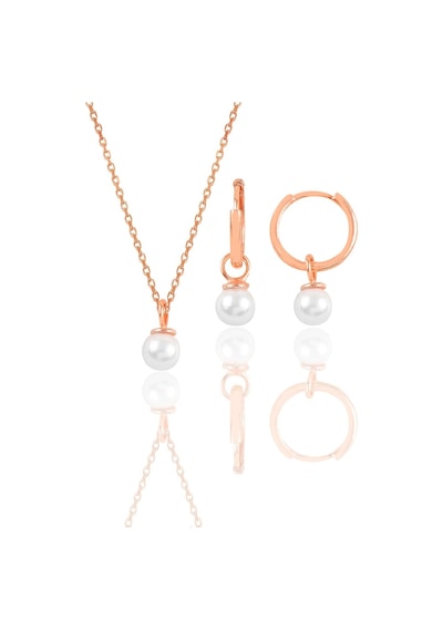 Gümüş Rose İncili Kolye Ve Halka Küpe İkili Set