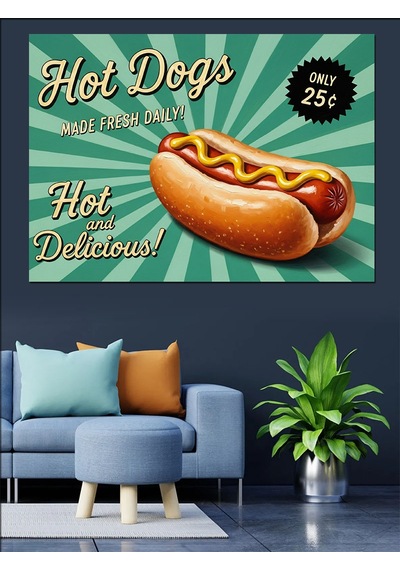 Hot Dog Sloganlı Sosisli Görselli Retro Afiş Dekoratif Kanvas - Mdf Ahşap Tablo