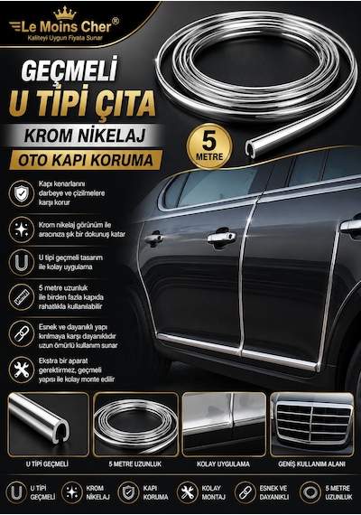Seat Leon Style Geçmeli U Tipi Çıta 5 Metre Krom Nikelaj Oto Kapı Koruma