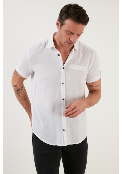 Buratti % 100 Pamuk Keten Görünümlü Slim Fit Kısa Kollu Erkek Gömlek Cf21S111766 Beyaz