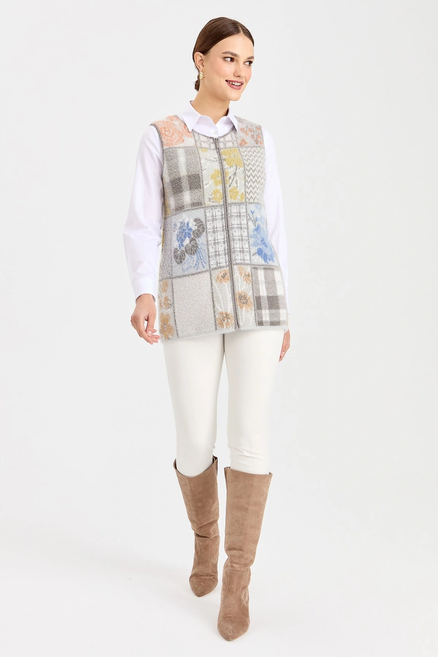 Desen Triko Kadın Sıfır Yaka Patchwork Yelek K.gri K.GRİ