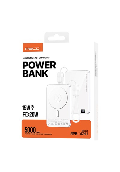 Recci Rpb-w41 Pd 20w Ultra İnce Hızlı Şarj Özellikli Type-c Kablolu Powerbank 15w 5000mah Beyaz Beyaz