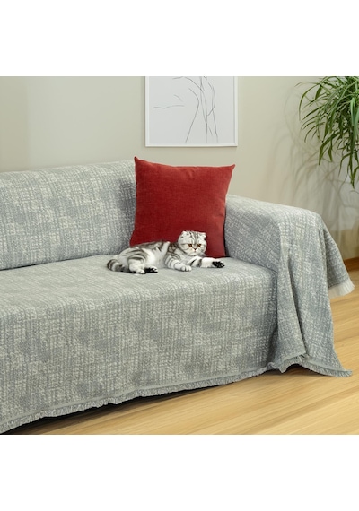 Purecot Premium Pamuklu Püsküllü Koltuk Örtüsü 180x220 Çift Taraflı Terletmez Kaymaz , Haki Haki