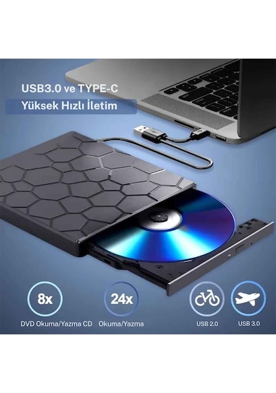 Monozone Harici Cd Dvd Yazıcı Okuyucu Usb 3.0 + Type-c 8 Si 1 Arada Çoklayıcı Hub Sd/tf Kart Destekli
