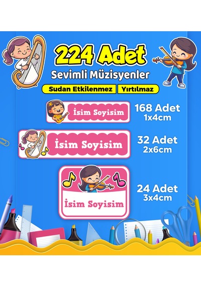 Sevimli Müzisyen Temalı Okul Kreş Kişiye Özel İsim Etiket Seti - Model 508 Çok Renkli