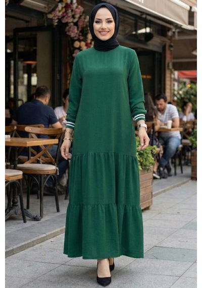 Hb Harma Time Butik Kadın Ayrobin Kolu Ribanalı Uzun Haki Tesettür Elbise Haki Haki