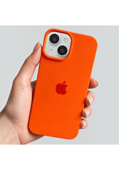 Iphone 15 Uyumlu Kılıf Logolu Lansman Soft Yumuşak Içi Kadife Silikon Kapak Turuncu