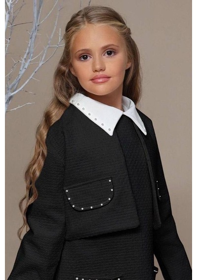 Riccotarz Kız Çocuk Blazer Ceketli Bebe Yaka Sıfır Kol Triko Siyah Elbise Siyah