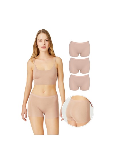 Cottonhill Basic Lazer Kesim Dikişsiz Kadın Boxer Külot Kahverengi 3'lü Paket çok Renkli
