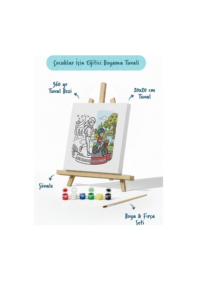 Her Zaman En Güçlü Annem Yazılı Eğitici Boyama Tuvali Şövaleli Boya Seti 20x20 Cm