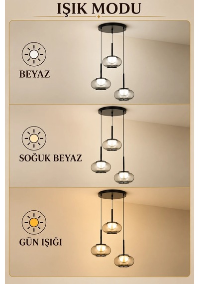 Modern Premium 3'lü Füme Cam Küre 3 Renkli Ledli Sarkıt Avizesi Salon Mutfak Şık Modelleri 78w Siyah