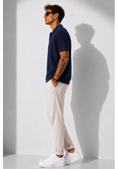 Ribana Erkek Kısa Kollu Fitilli Yarım Düğme Kapama Polo Yaka T-shirt 26001 Lacivert
