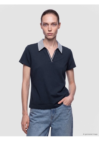 Lcw Comfort Lacivert Polo Yaka Çizgili Kadın Tişört