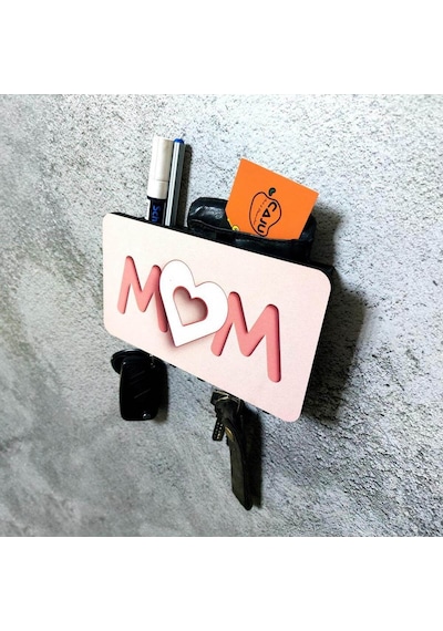 Pembe Kalpli Mom Anne Yazılı Bölmeli Anahtarlık Duvar Askılık Dekor Diğer