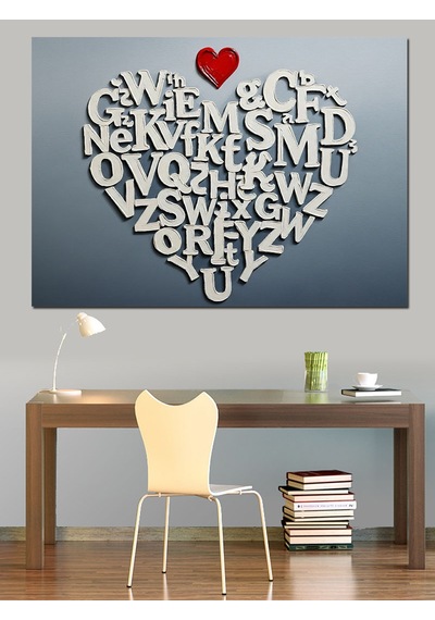 Love Kelimesi Kalp Şekli Dekoratif Kanvas - Mdf Ahşap Tablo