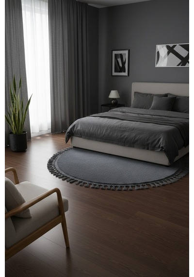 Comfort Yuvarlak Ponpon Saçaklı Peluş Halı Yatak Odası- Çocuk Odası- Antre- Yemek Odası Kaymaz Taban Antrasit