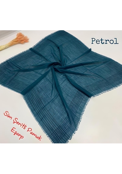 Melodi Scarf Kadın Simli Çizgili Düz Renk Eşarp Tülbent Yazma Petrol Mavisi Petrol Mavisi