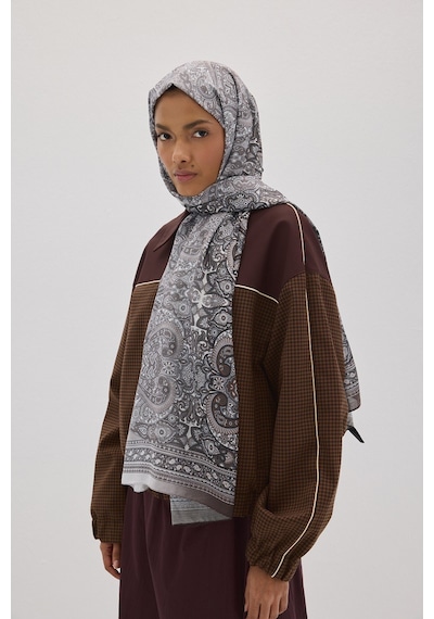 Mirsoy Scarf Eftelya Pamuk Etnik Desen Şal Açık Vizon