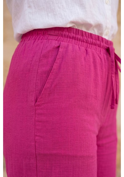 Kadın Fuşya Bağcıklı Rahat Pantolon Beli Lastikli Yazlık Hafif Kumaş Günlük Casual Palazzo Pantolon Pembe