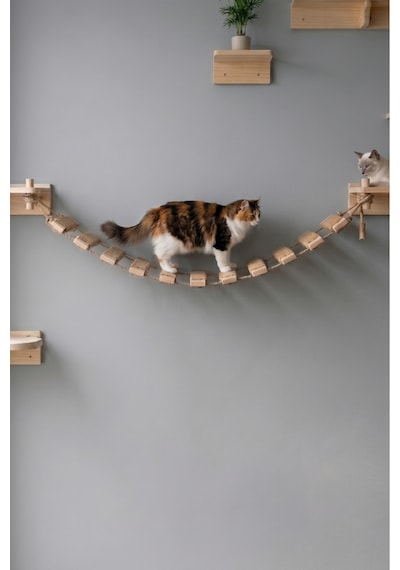 Ahşap Kedi Tırmanma Merdiveni Ve Duvar Köprüsü - Jüt İpli, 11 Basamak, 125 Cm