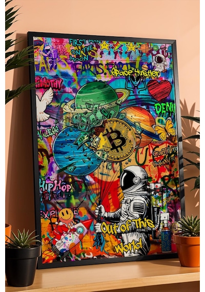 Astronot Gezegenler Bitcoin Çerçeveli Tablo Kripto Yatırımcıları Ve Borsacılara Özel Hediye Street Art