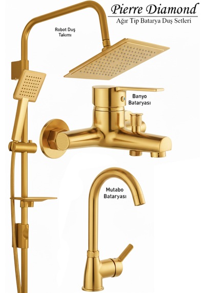 Lüks Banyo Lavabo Bataryası Ve Robot Duş Takımı Gold Renk Altın