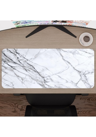 Tr Beyaz Mermer Desenli Oyuncu Gaming Mouse Pad Kauçuk Kaymaz Taban Mousepad V3, 70x30 Xl