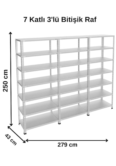 7 Katlı 3'lü Bitişik Galvaniz Çelik Raf - Depo, Arşiv, Kiler, Dosya, Market Rafı 43x93x250 Cm Gri