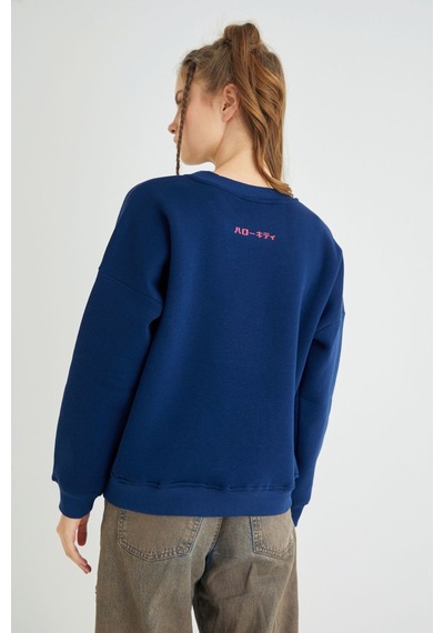 Hello Kitty Lisanslı Baskılı Kalın Lacivert Sweatshirt Renkli